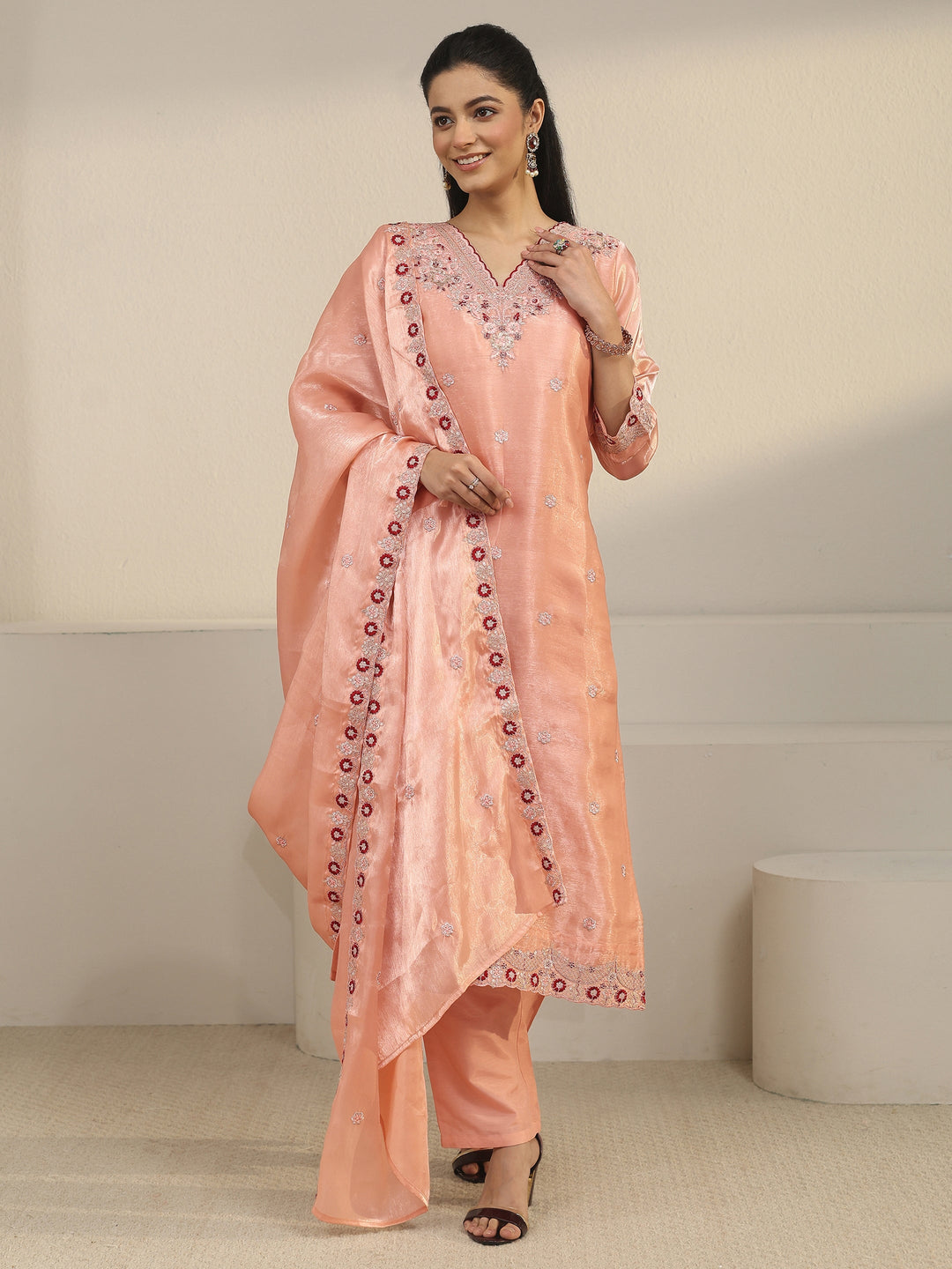 Libas Peach Pink Floral Embroidered Tissue Straight Suit Set