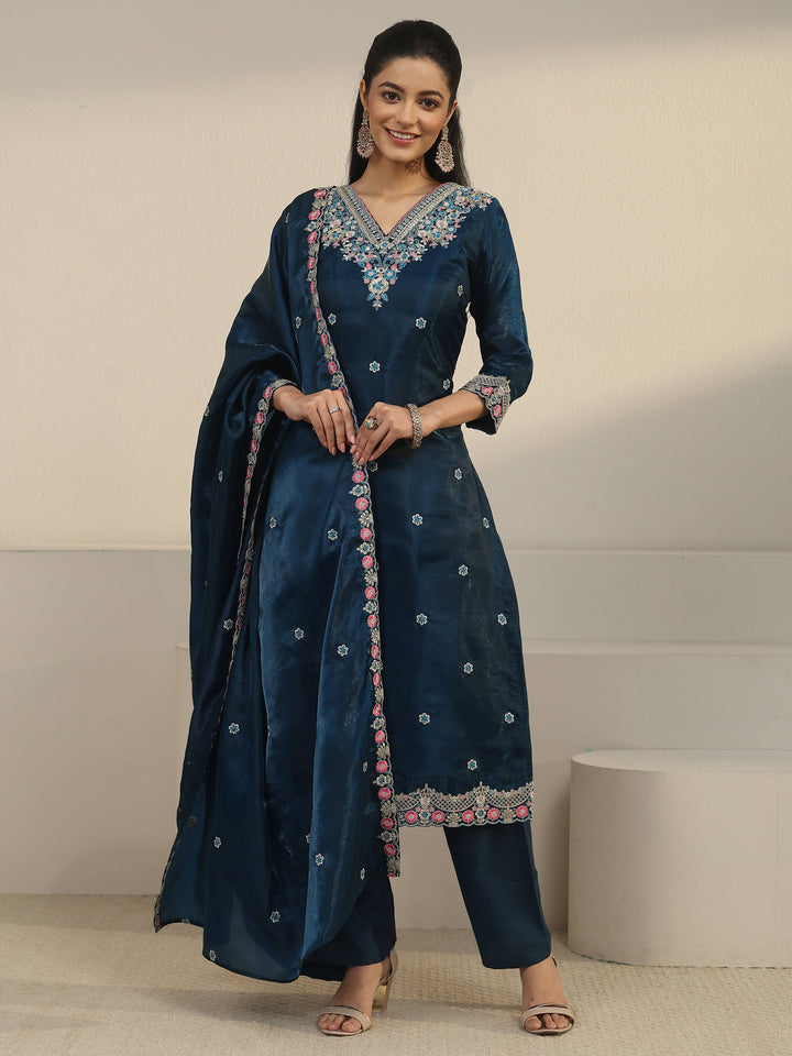 Libas Teal Blue Floral Embroidered Tissue Straight Suit Set