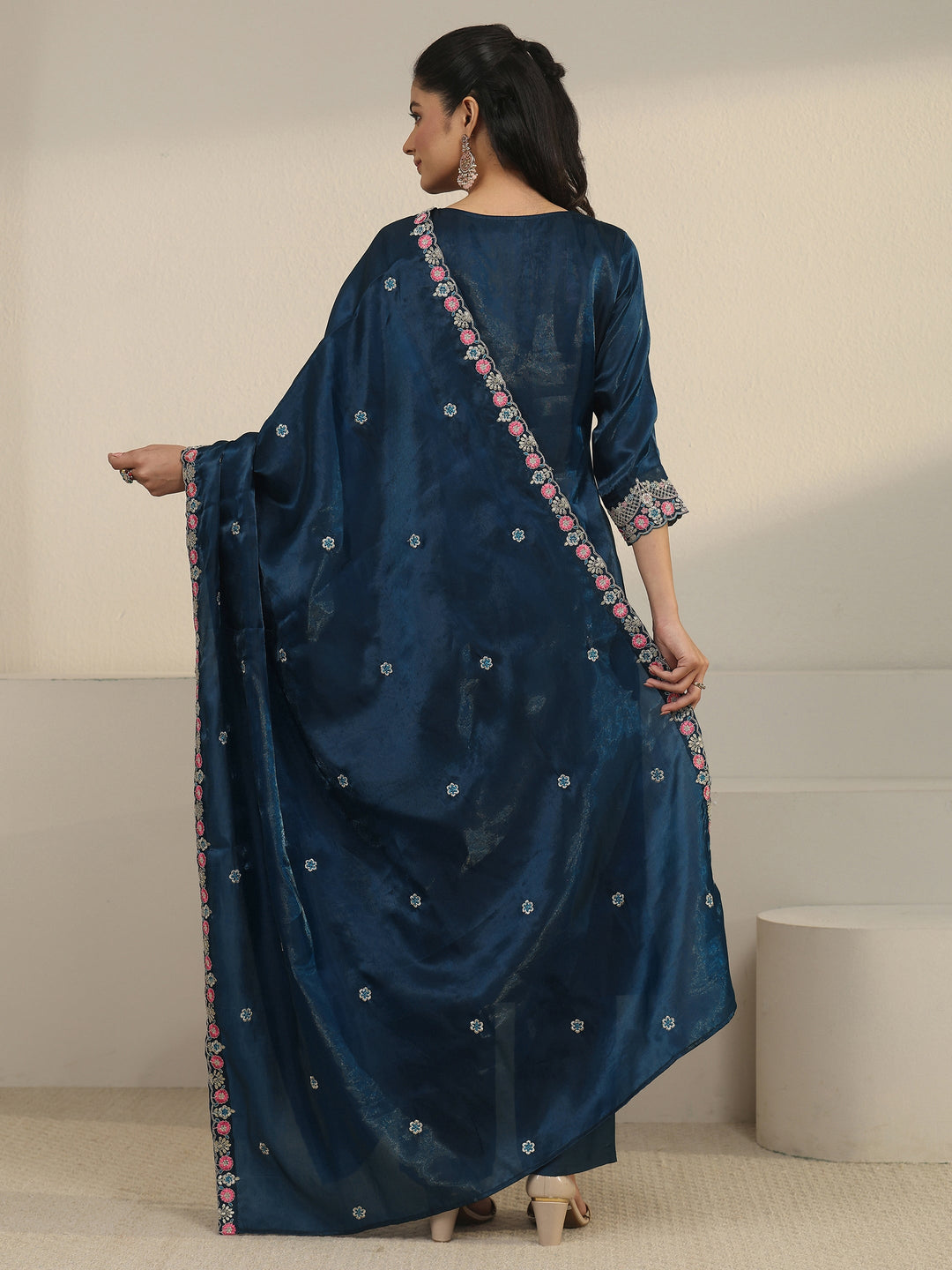 Libas Teal Blue Floral Embroidered Tissue Straight Suit Set