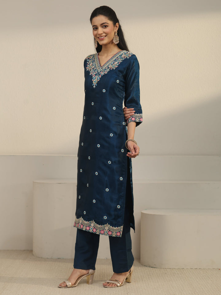 Libas Teal Blue Floral Embroidered Tissue Straight Suit Set