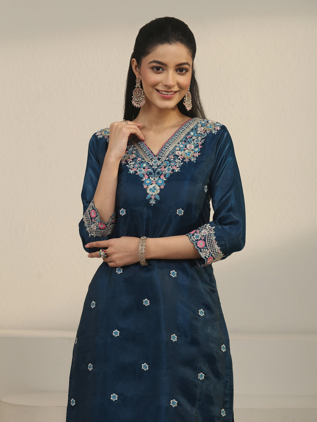 Libas Teal Blue Floral Embroidered Tissue Straight Suit Set