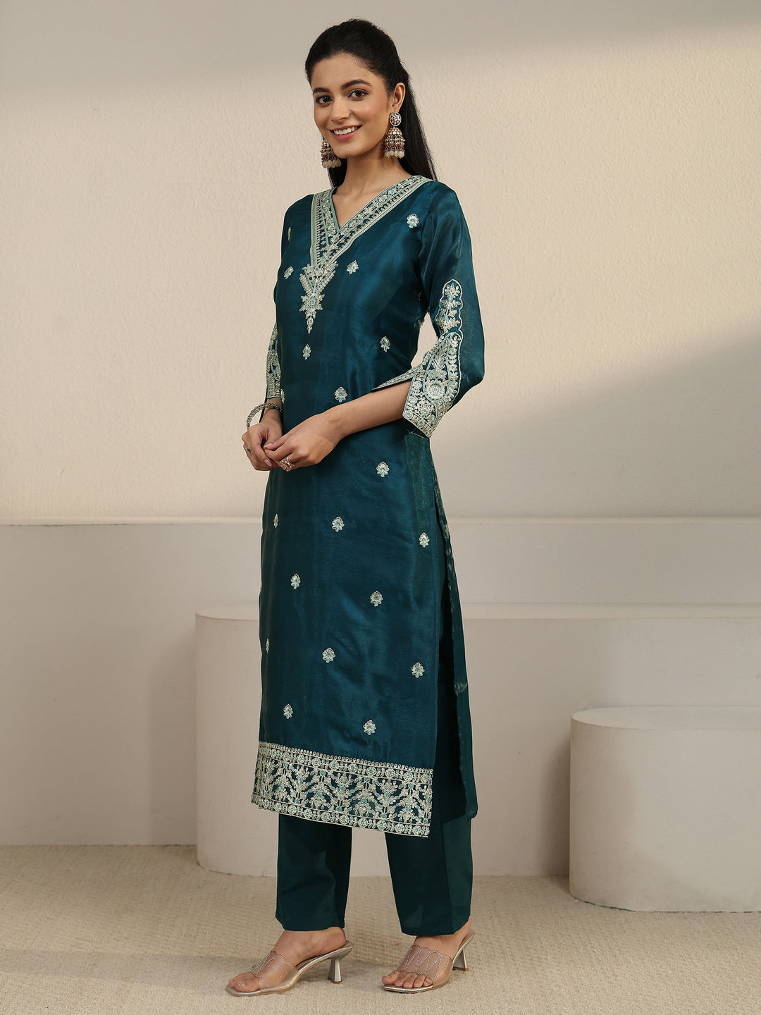 Libas Blue Floral Embroidered Tissue Straight Suit Set