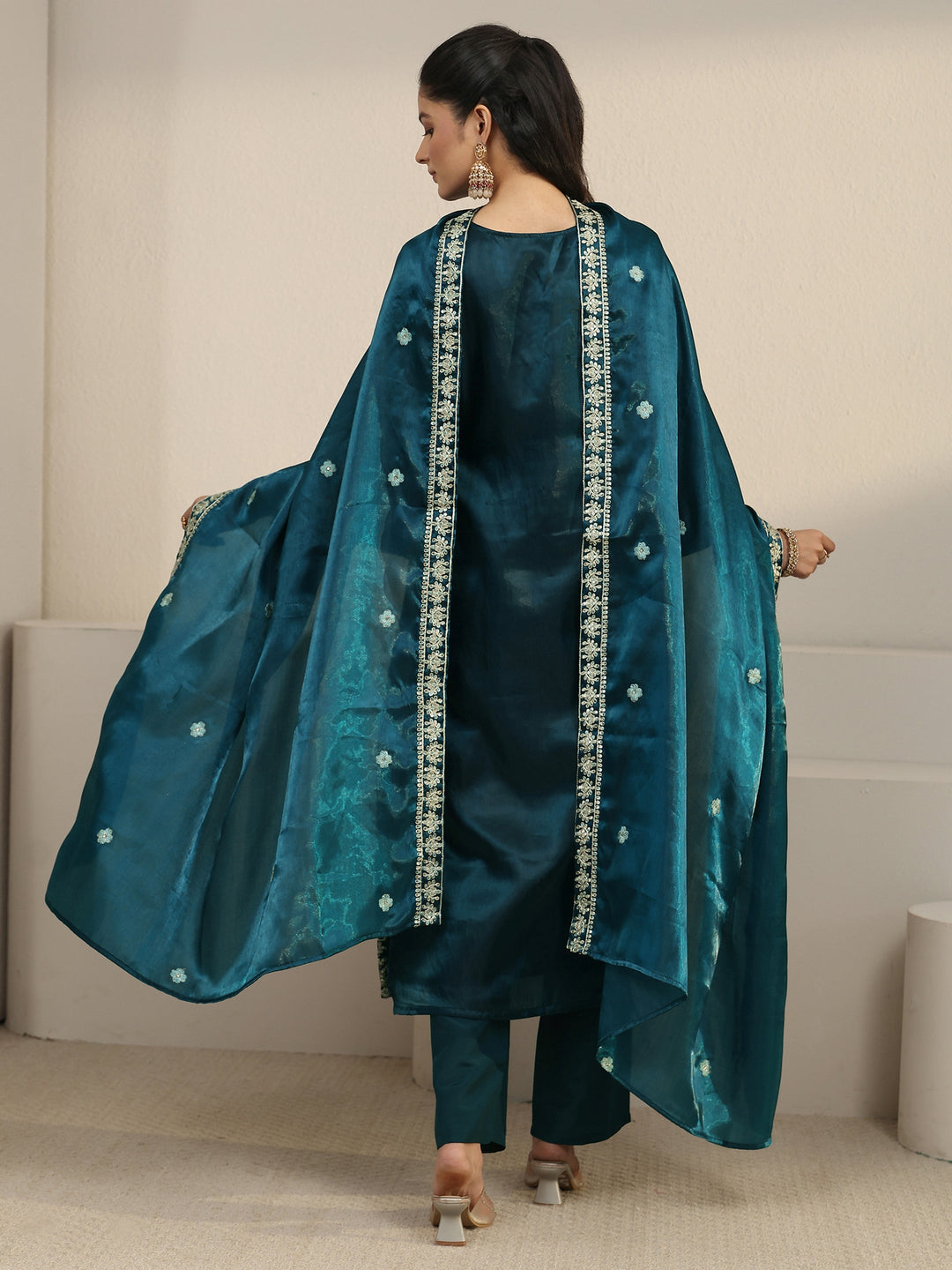 Libas Blue Floral Embroidered Tissue Straight Suit Set