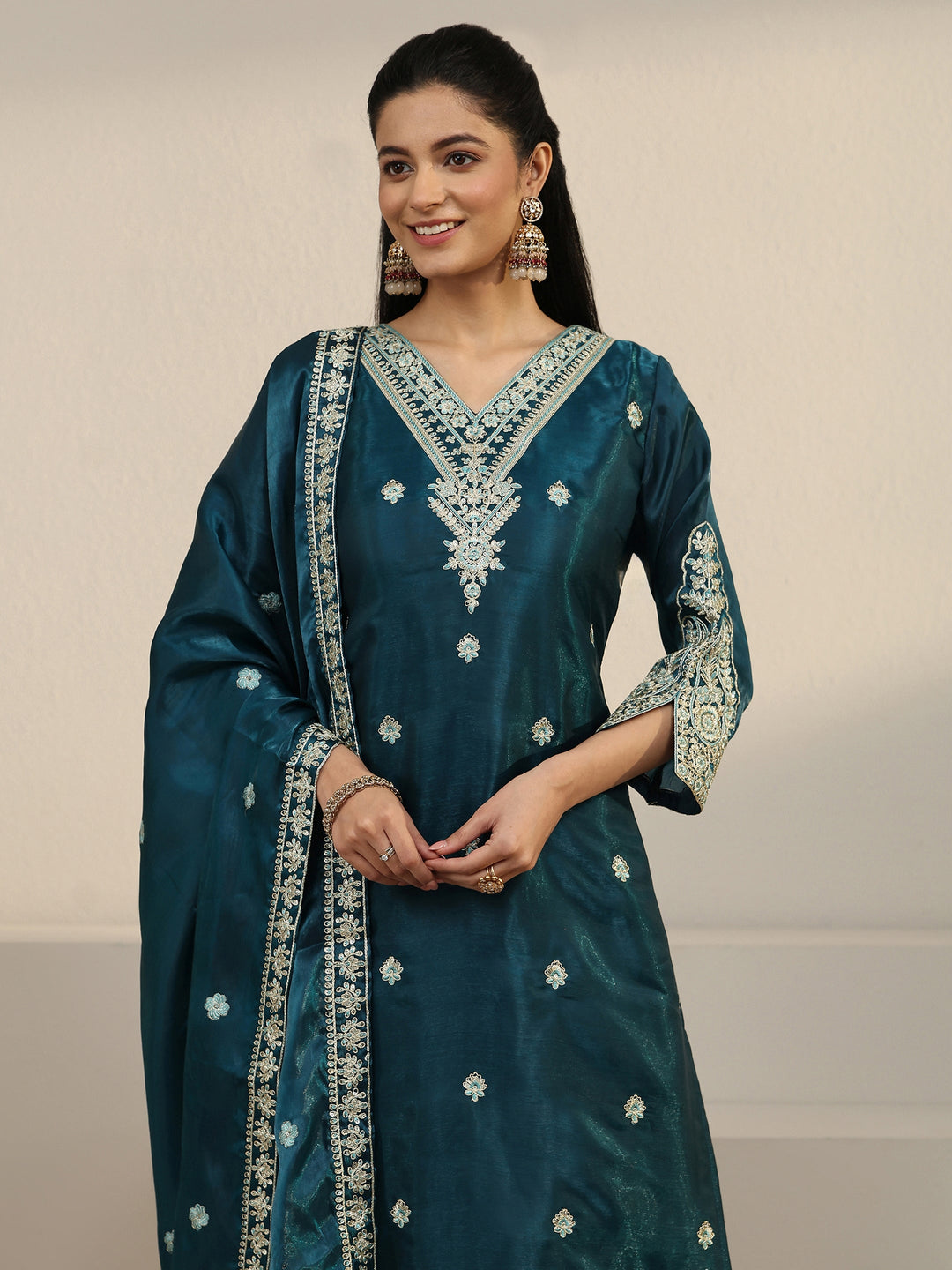 Libas Blue Floral Embroidered Tissue Straight Suit Set