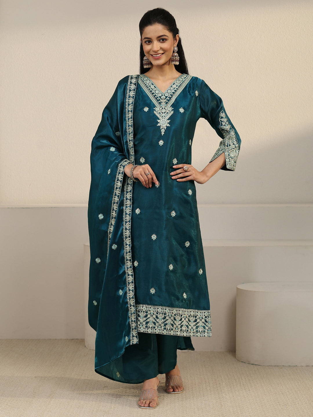 Libas Blue Floral Embroidered Tissue Straight Suit Set