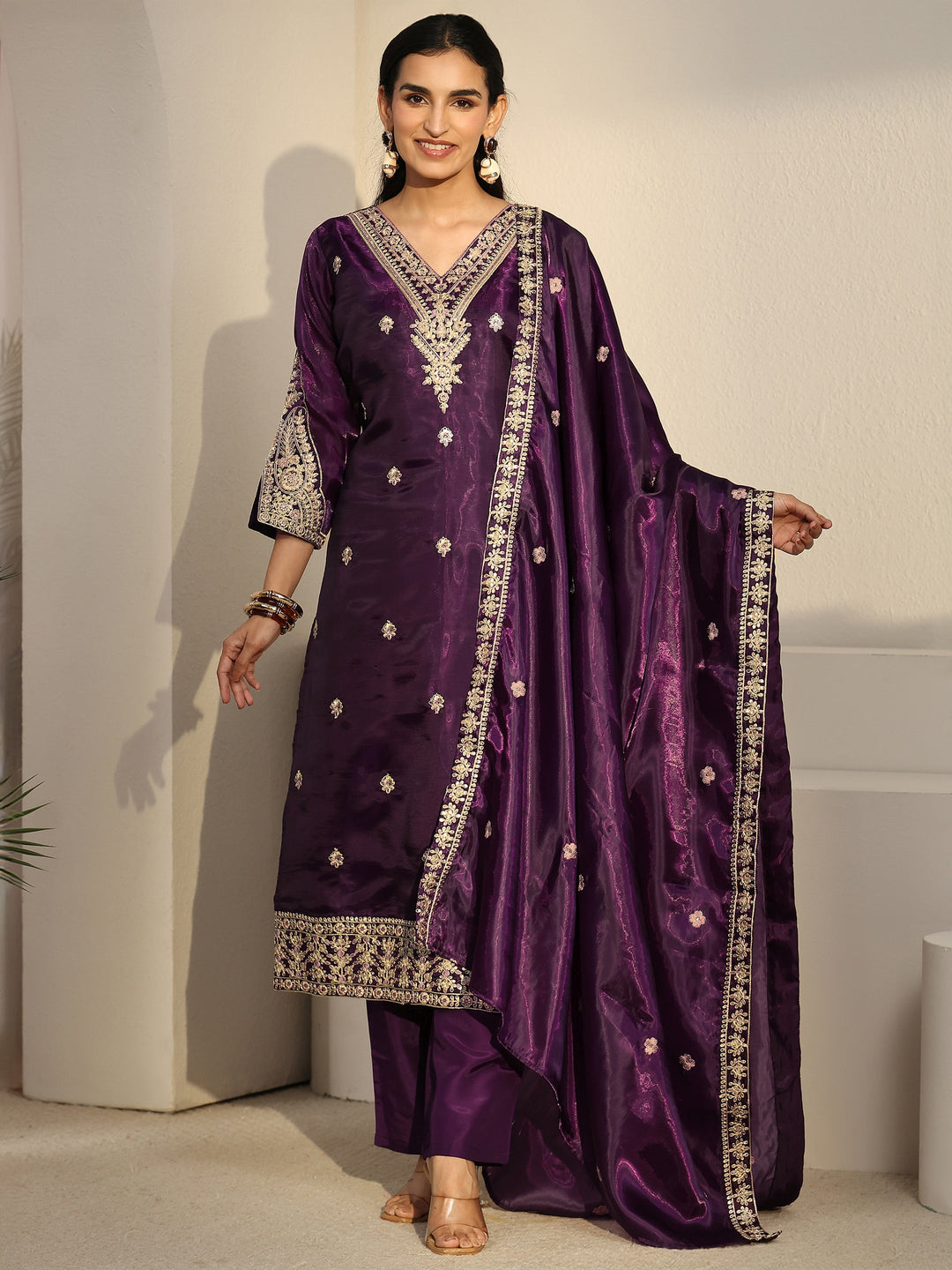 Libas Burgundy Floral Embroidered Tissue Straight Suit Set