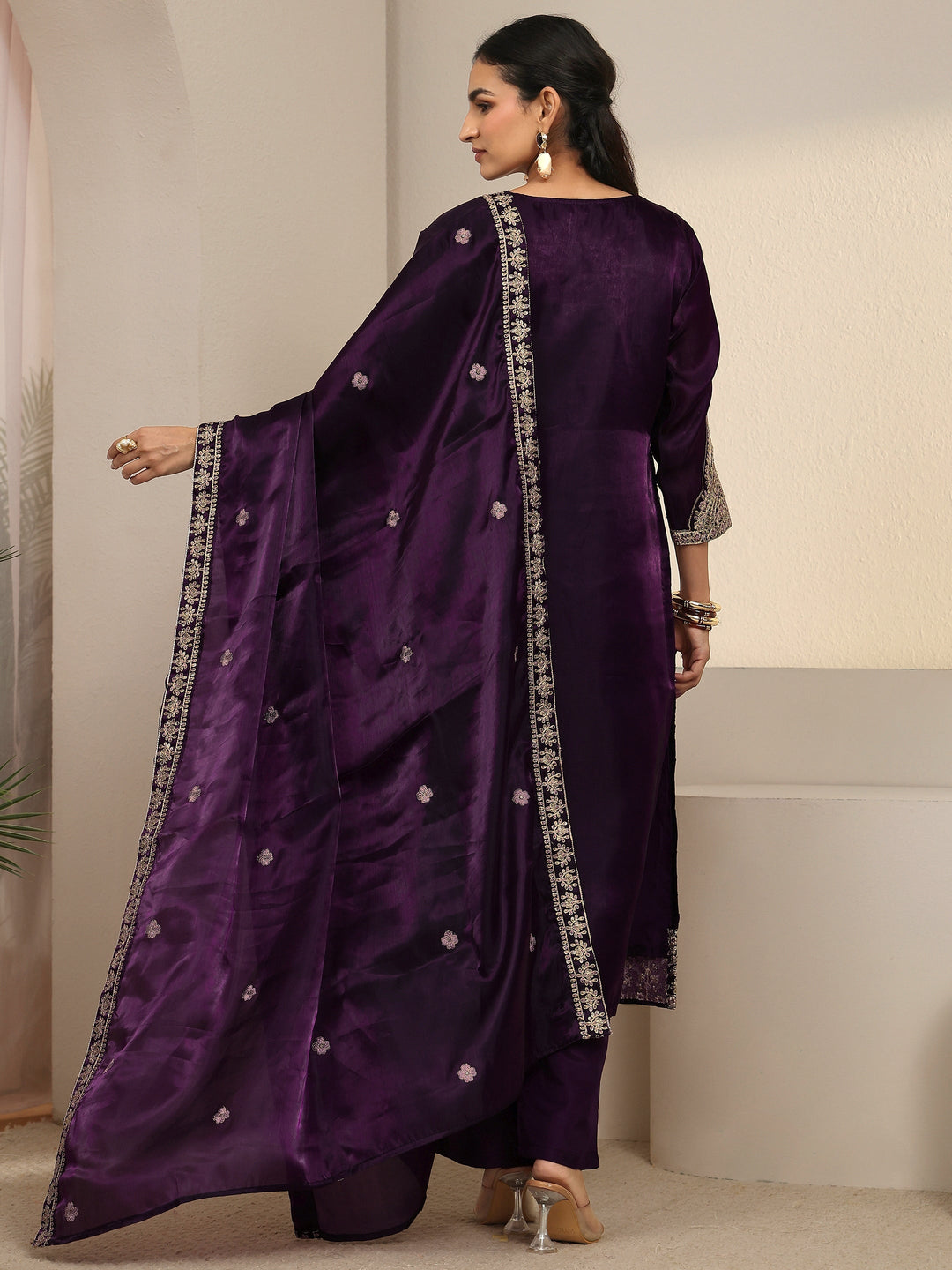 Libas Burgundy Floral Embroidered Tissue Straight Suit Set