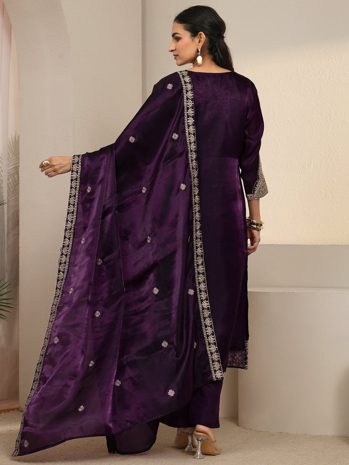 Libas Burgundy Floral Embroidered Tissue Straight Suit Set