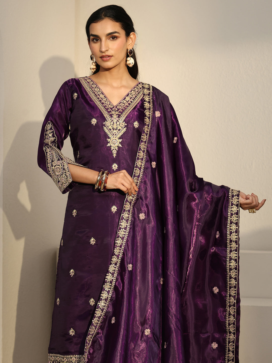 Libas Burgundy Floral Embroidered Tissue Straight Suit Set