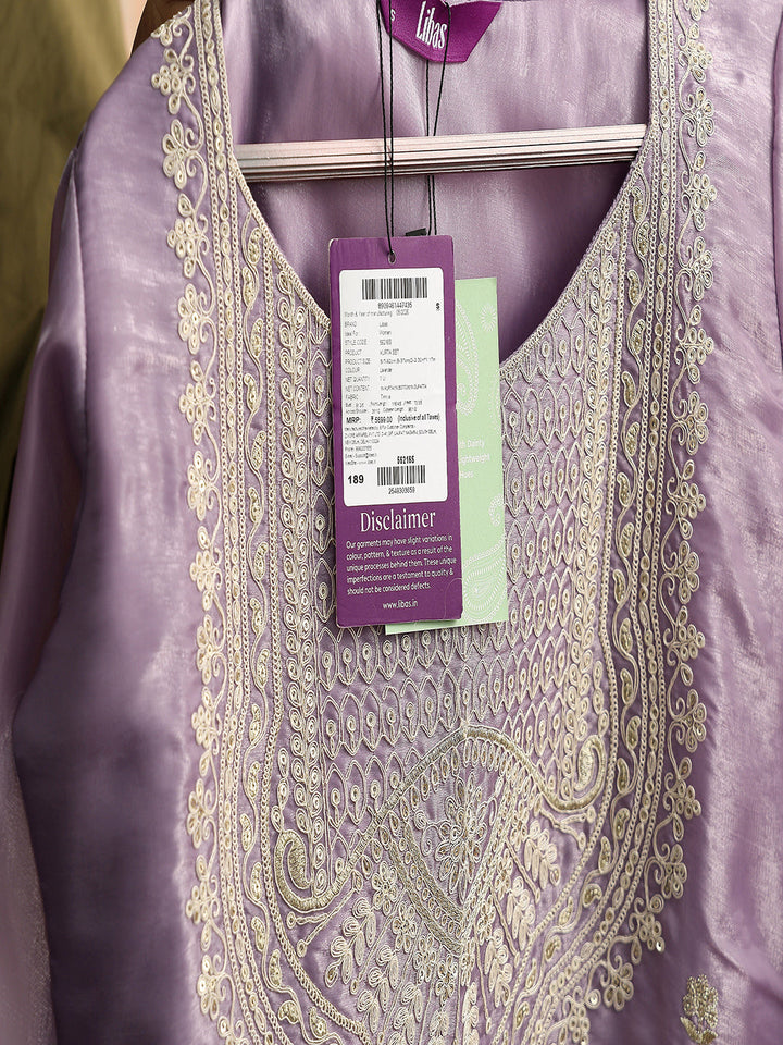 Lavender Floral Embroidered Tissue Straight Suit Set