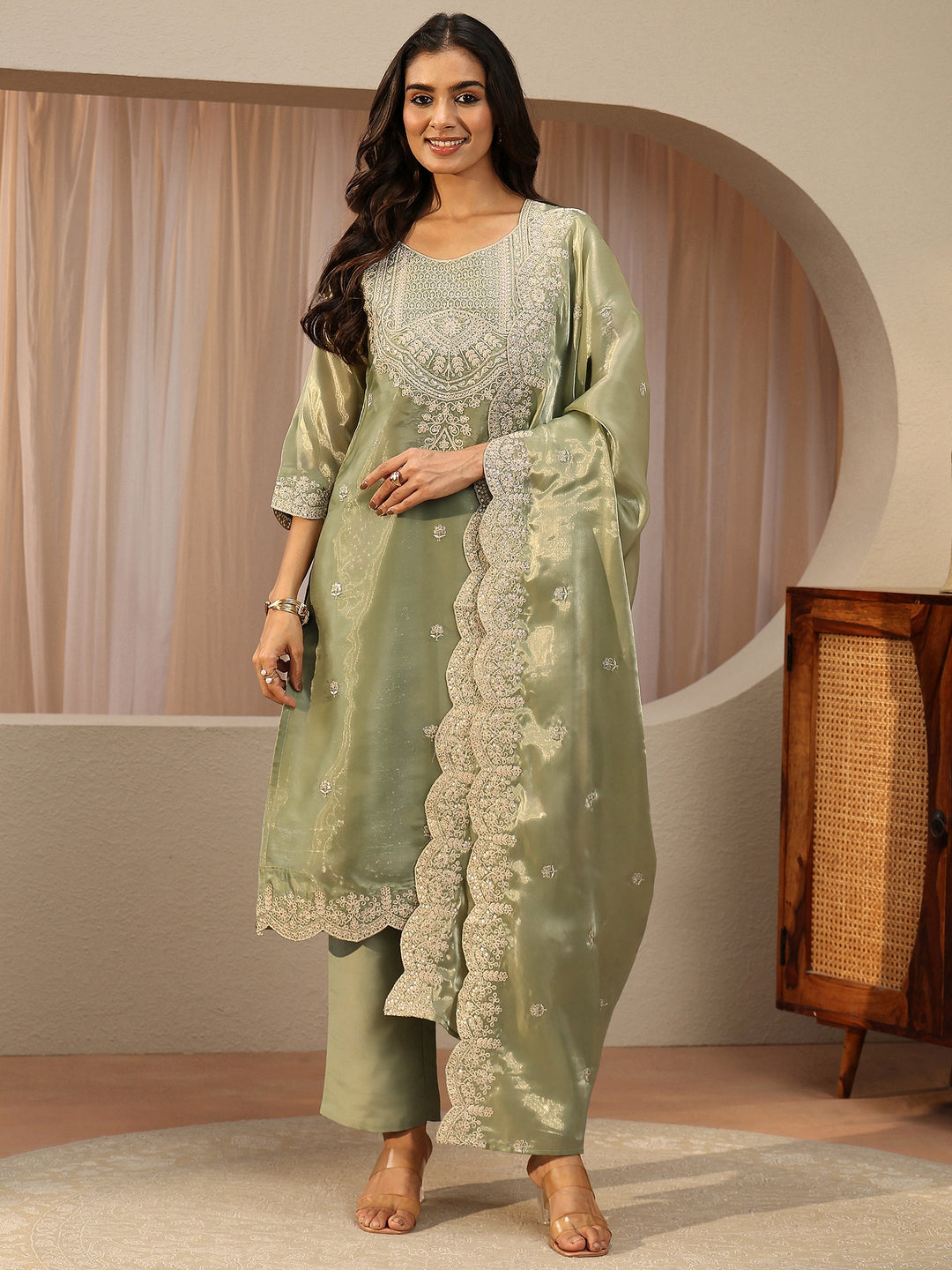 Green Floral Embroidered Tissue Straight Suit Set