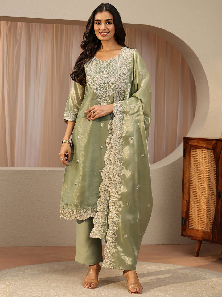 Green Floral Embroidered Tissue Straight Suit Set
