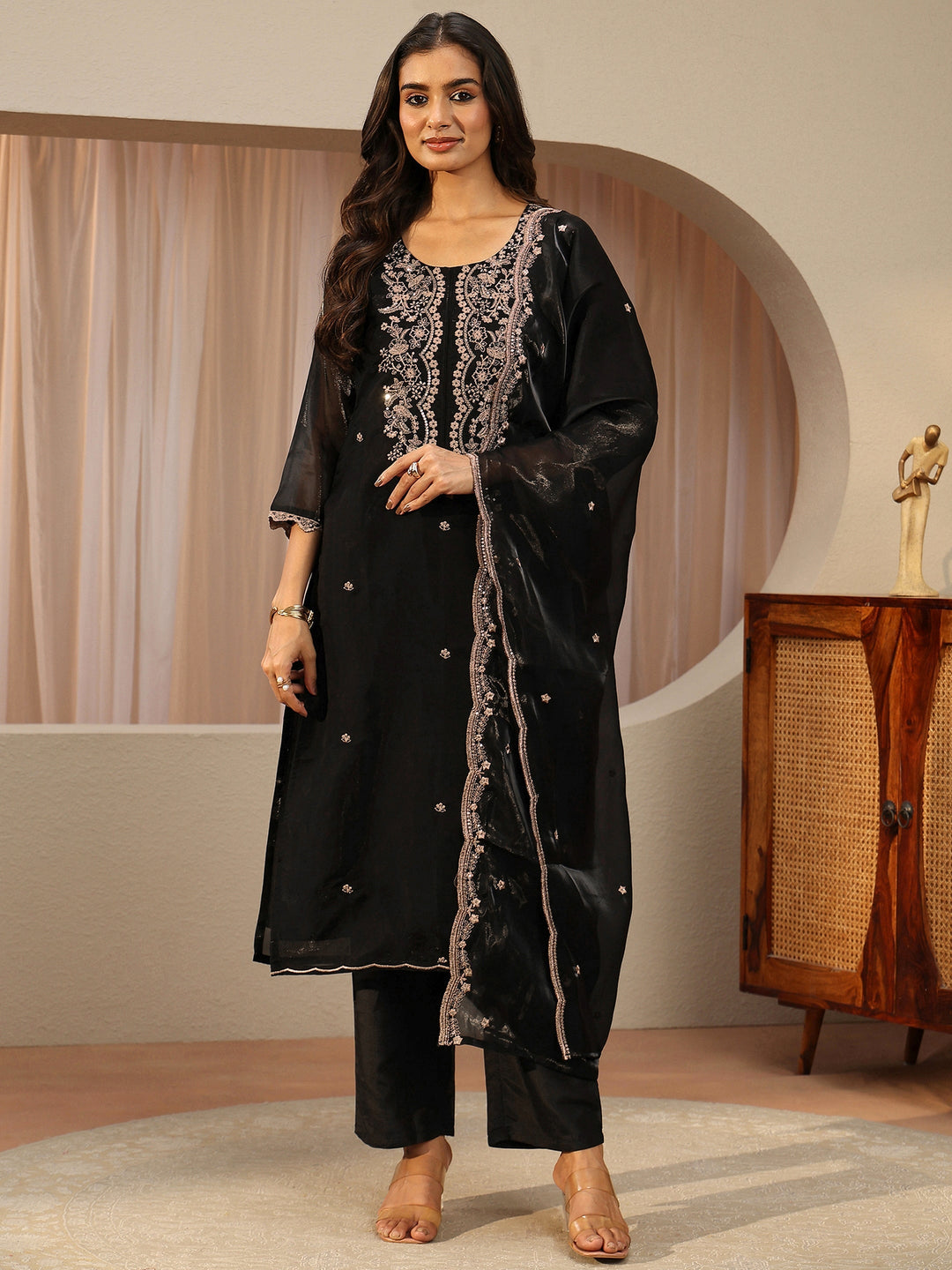 Black Floral Embroidered Tissue Straight Suit Set