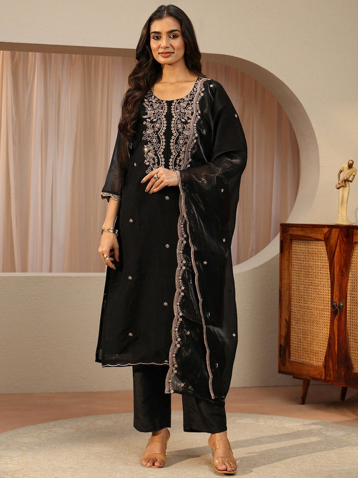 Black Floral Embroidered Tissue Straight Suit Set