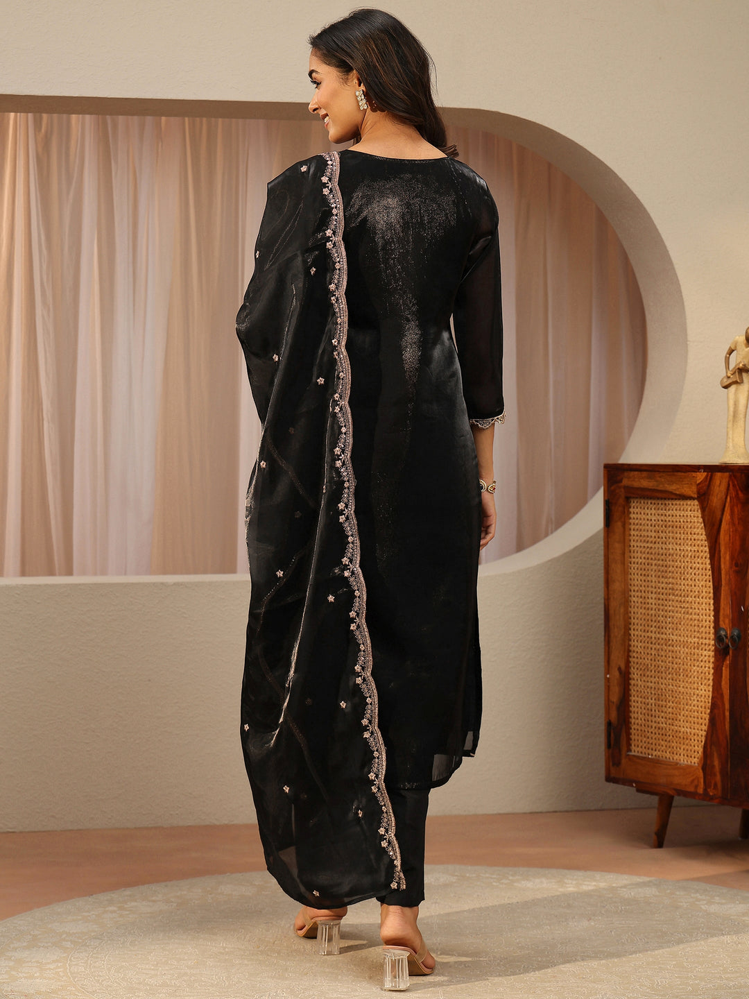 Black Floral Embroidered Tissue Straight Suit Set
