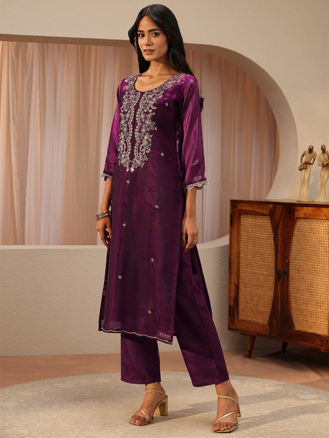 Burgundy Floral Embroidered Tissue Straight Suit Set