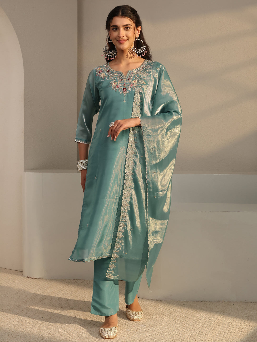 Blue Floral Embroidered Tissue Straight Suit Set