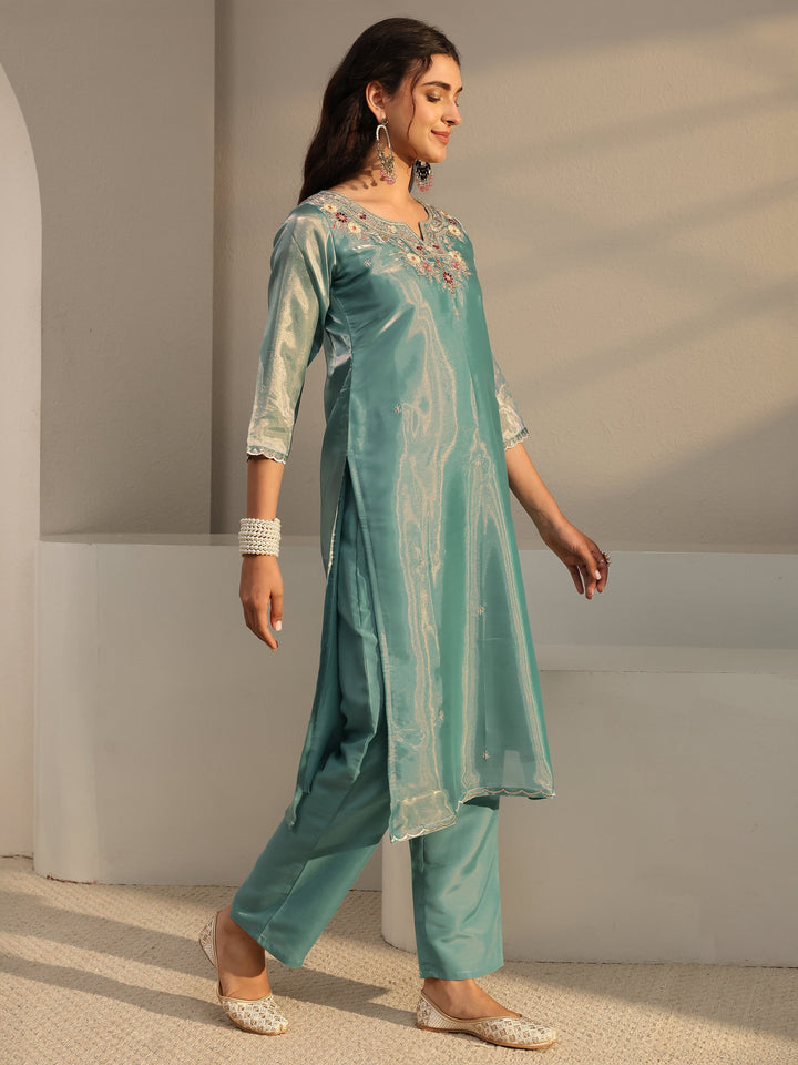 Blue Floral Embroidered Tissue Straight Suit Set