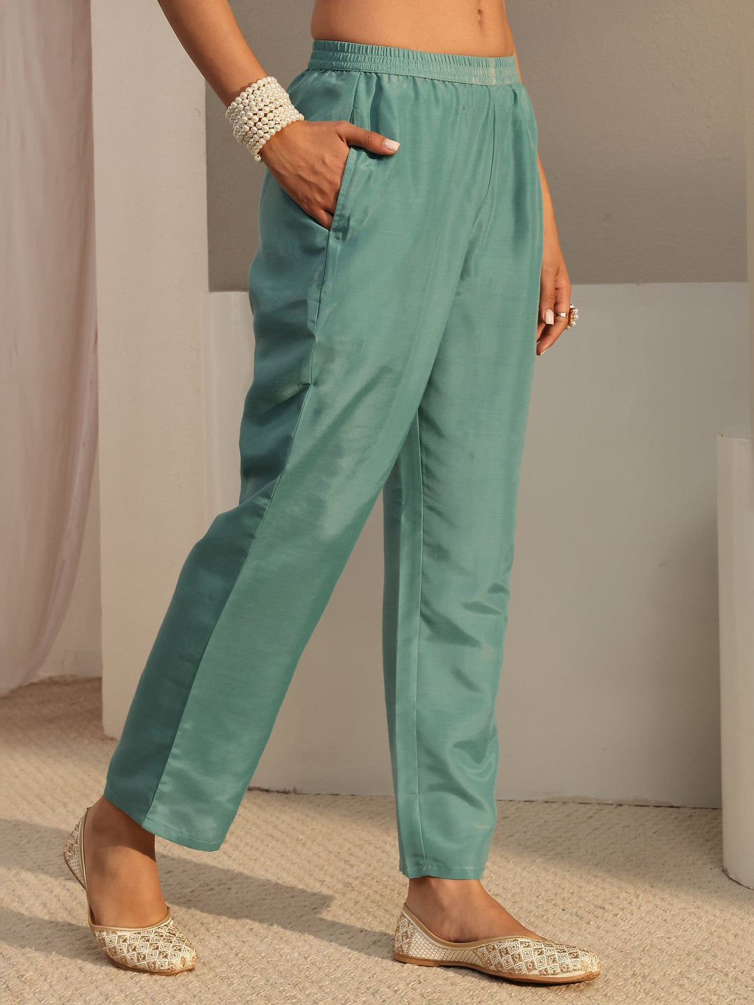 Blue Floral Embroidered Tissue Straight Suit Set