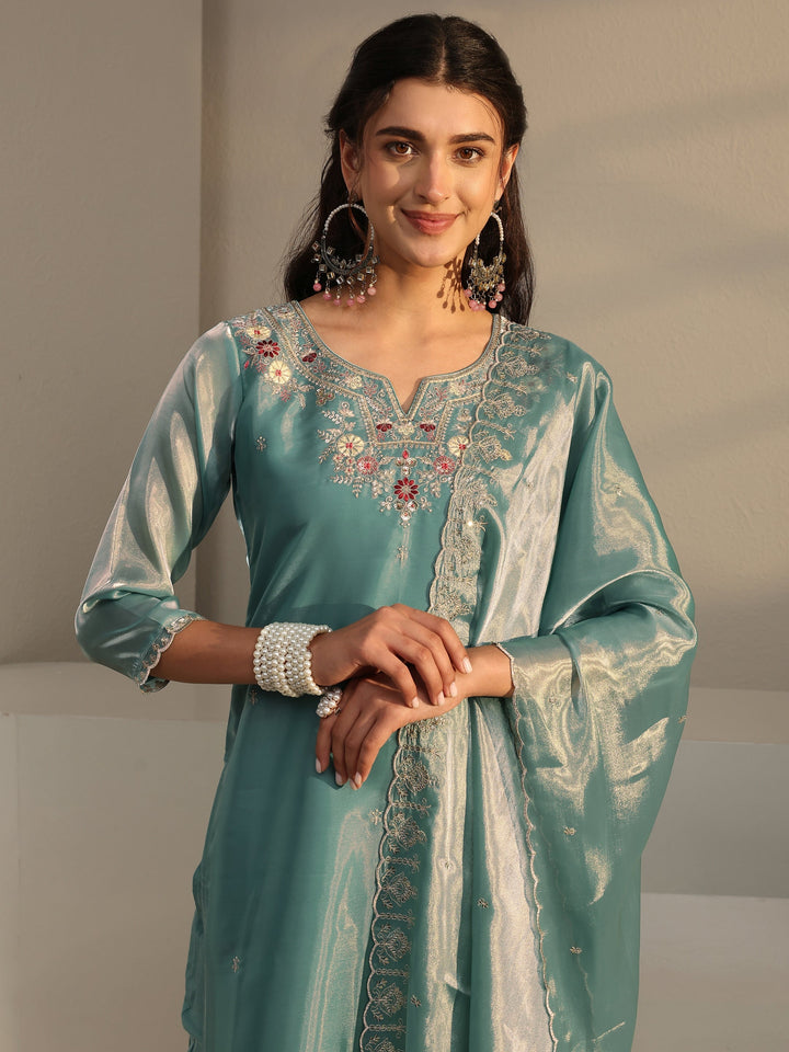 Blue Floral Embroidered Tissue Straight Suit Set