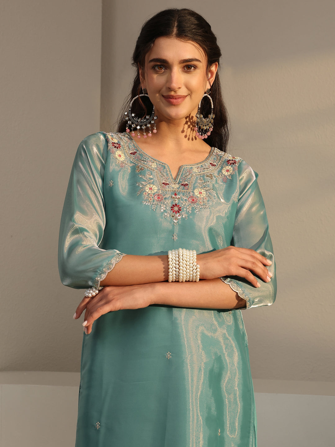 Blue Floral Embroidered Tissue Straight Suit Set
