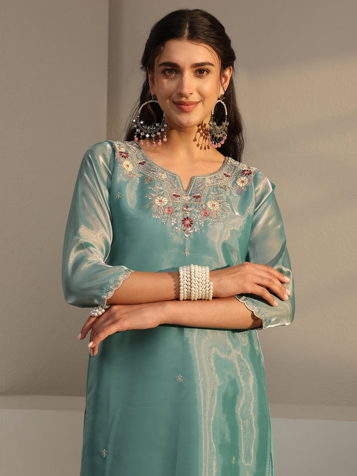 Blue Floral Embroidered Tissue Straight Suit Set