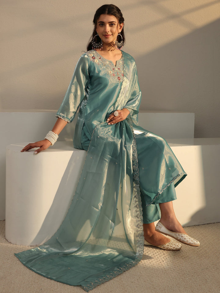 Blue Floral Embroidered Tissue Straight Suit Set