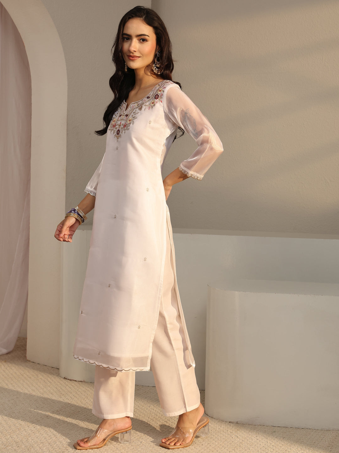 White Floral Embroidered Tissue Straight Suit Set With Dupatta