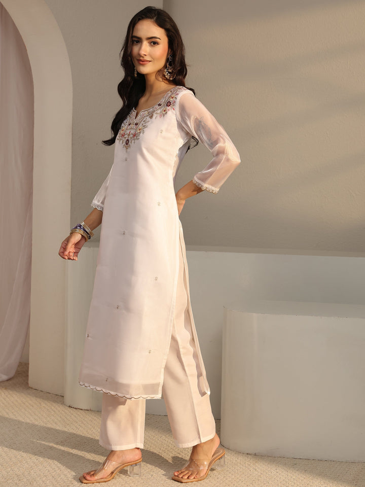 White Floral Embroidered Tissue Straight Suit Set With Dupatta