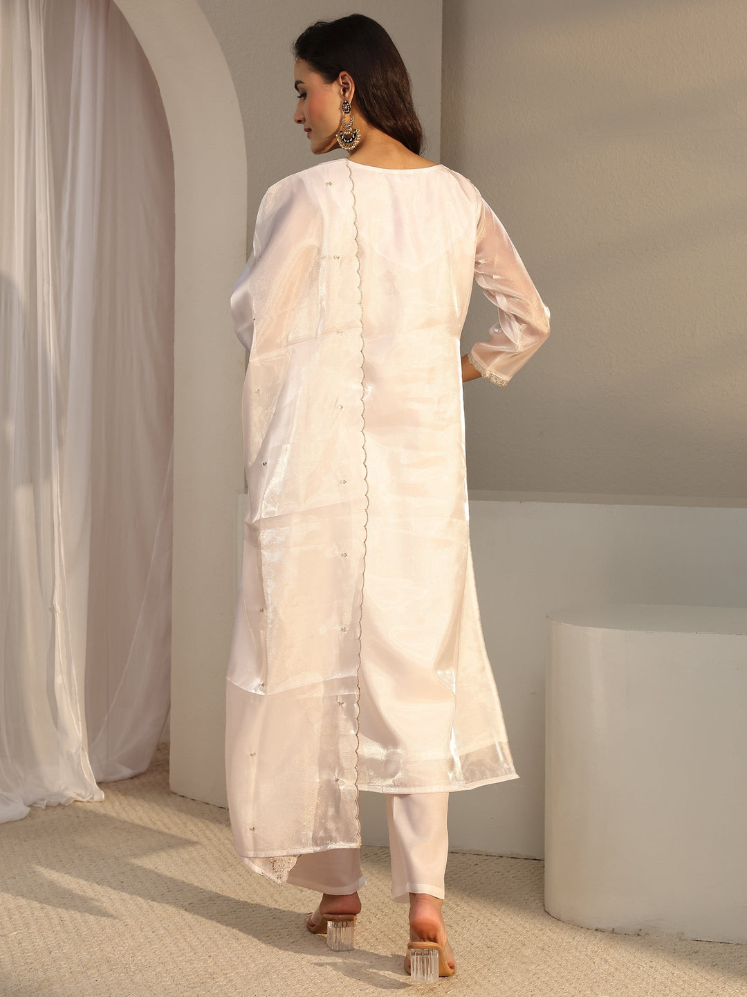 White Floral Embroidered Tissue Straight Suit Set With Dupatta