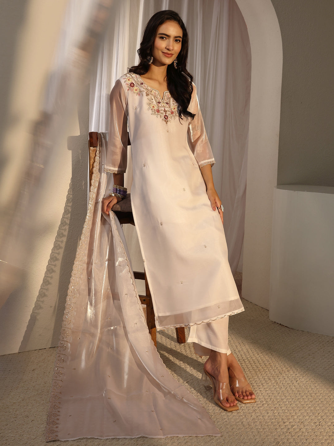 White Floral Embroidered Tissue Straight Suit Set With Dupatta