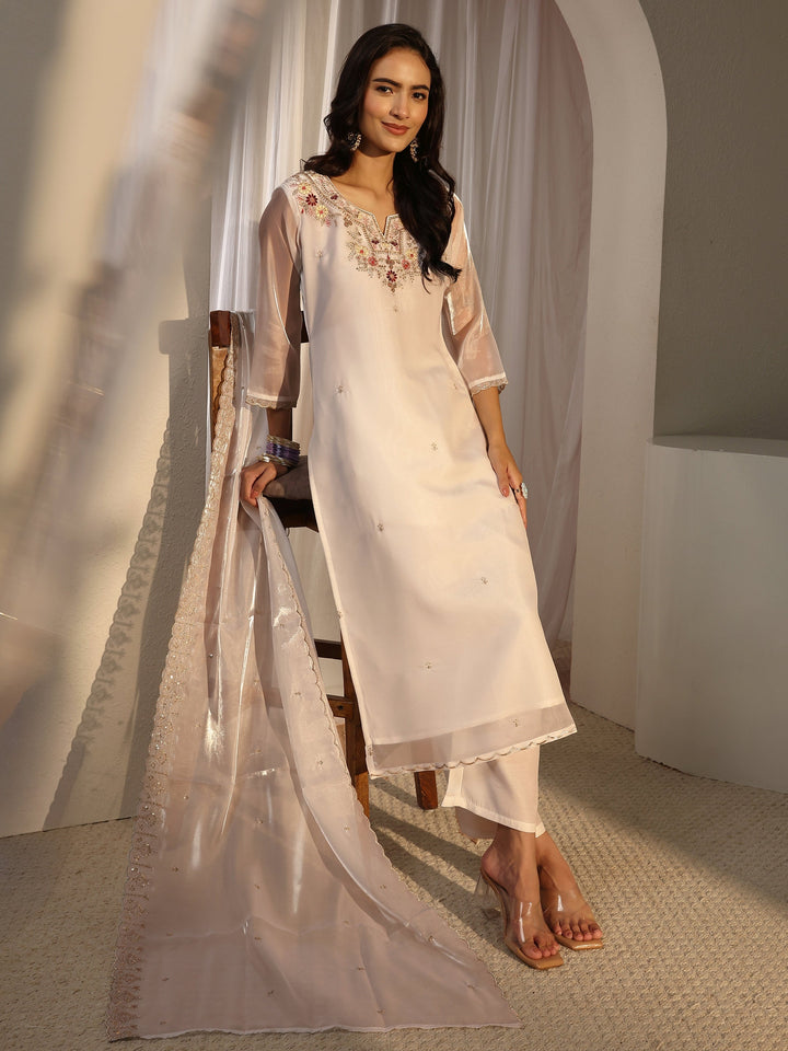 White Floral Embroidered Tissue Straight Suit Set With Dupatta