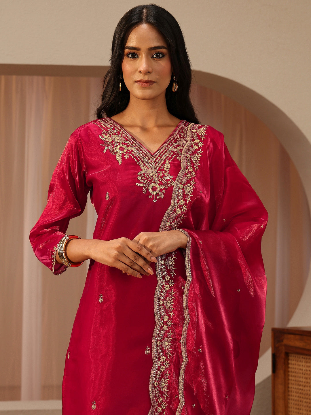 Red Floral Embroidered Tissue Straight Suit Set