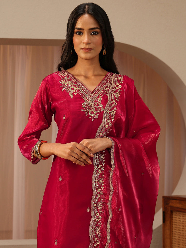 Red Floral Embroidered Tissue Straight Suit Set
