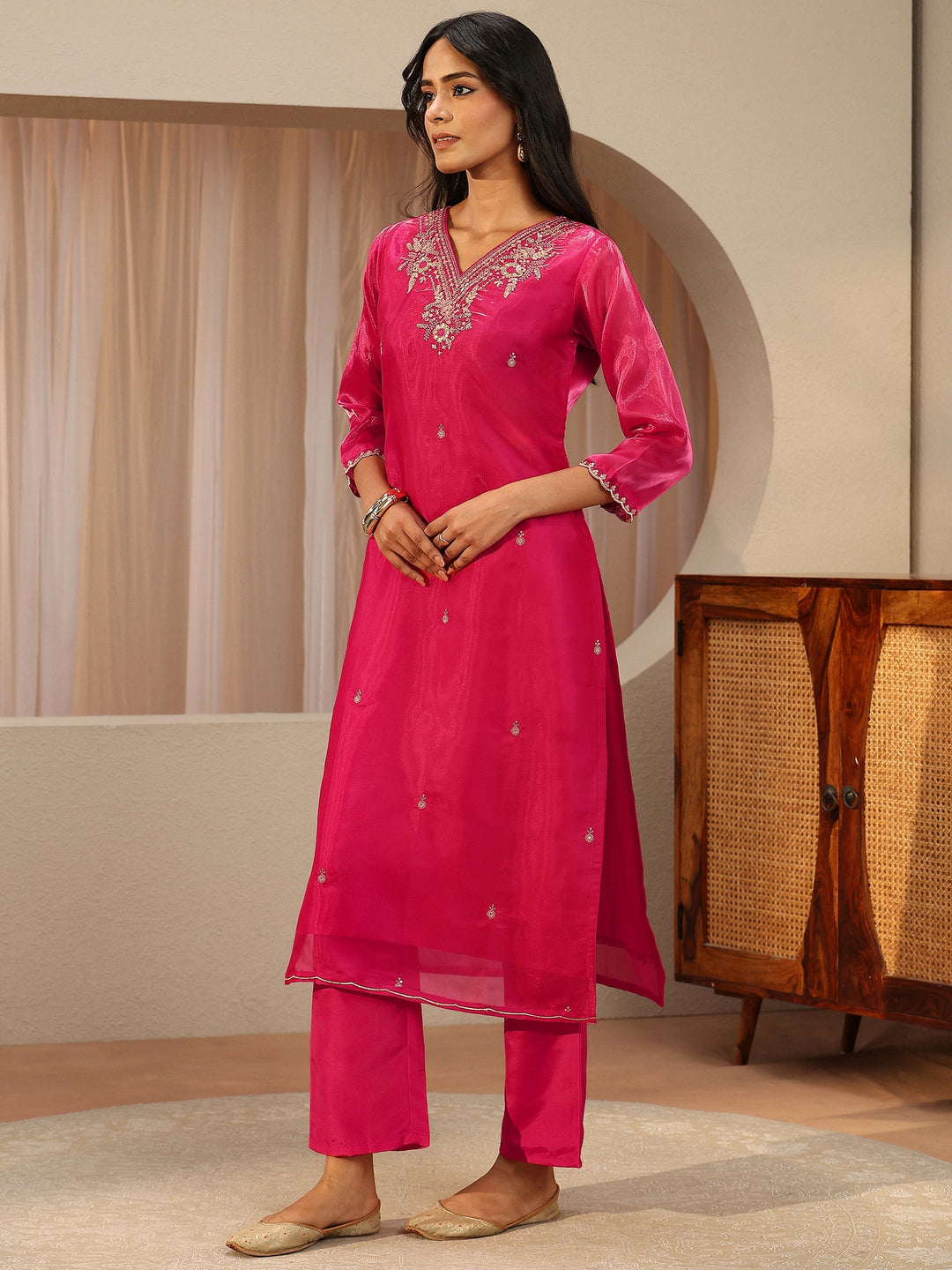 Fuchsia Pink Floral Embroidered Tissue Straight Suit Set