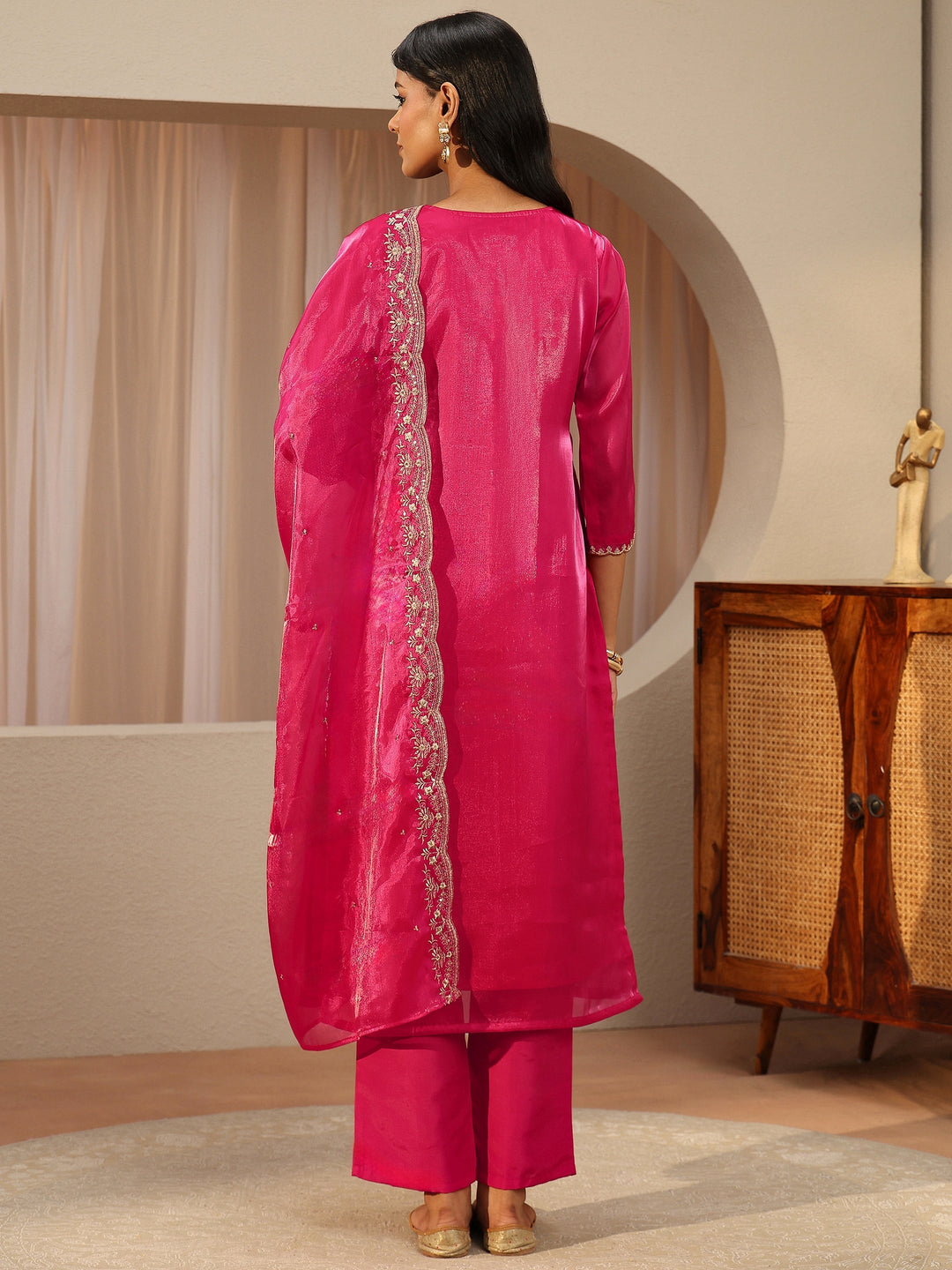 Fuchsia Pink Floral Embroidered Tissue Straight Suit Set