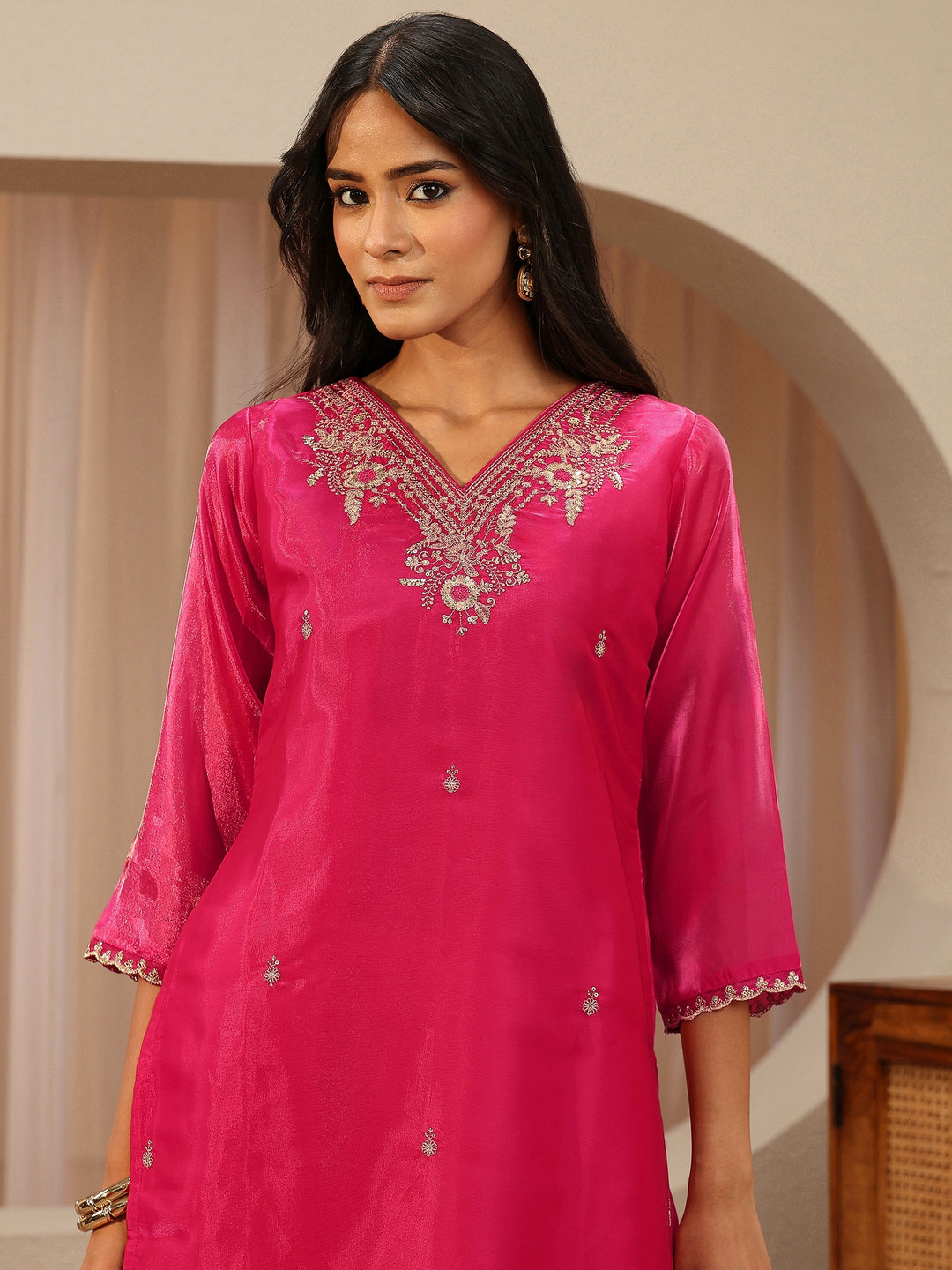 Fuchsia Pink Floral Embroidered Tissue Straight Suit Set