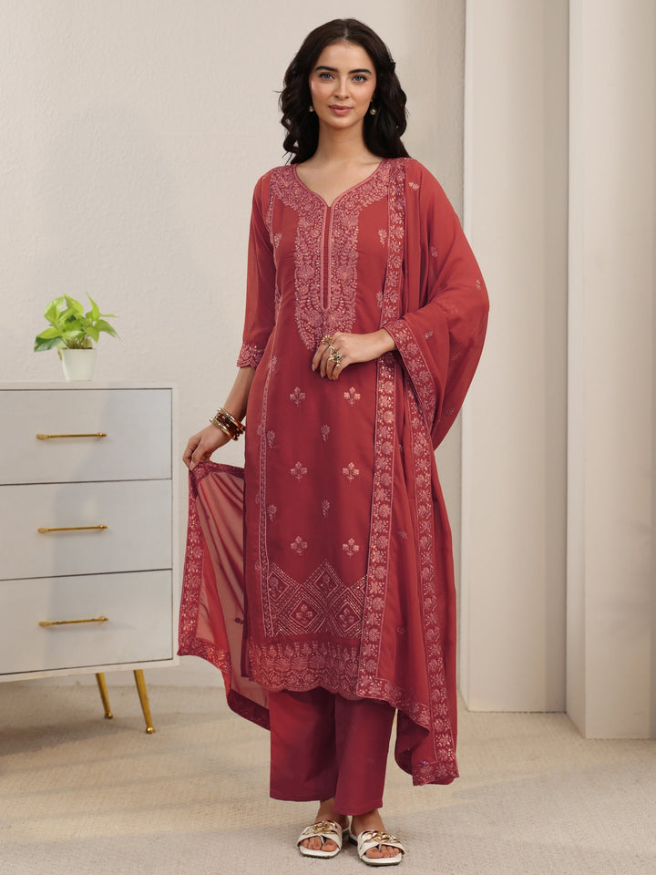 Libas Rust Red Floral Embroidered Georgette Straight Suit Set
