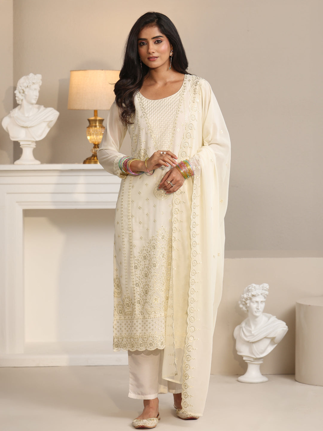 Libas Off White Embroidered Georgette Straight Suit Set