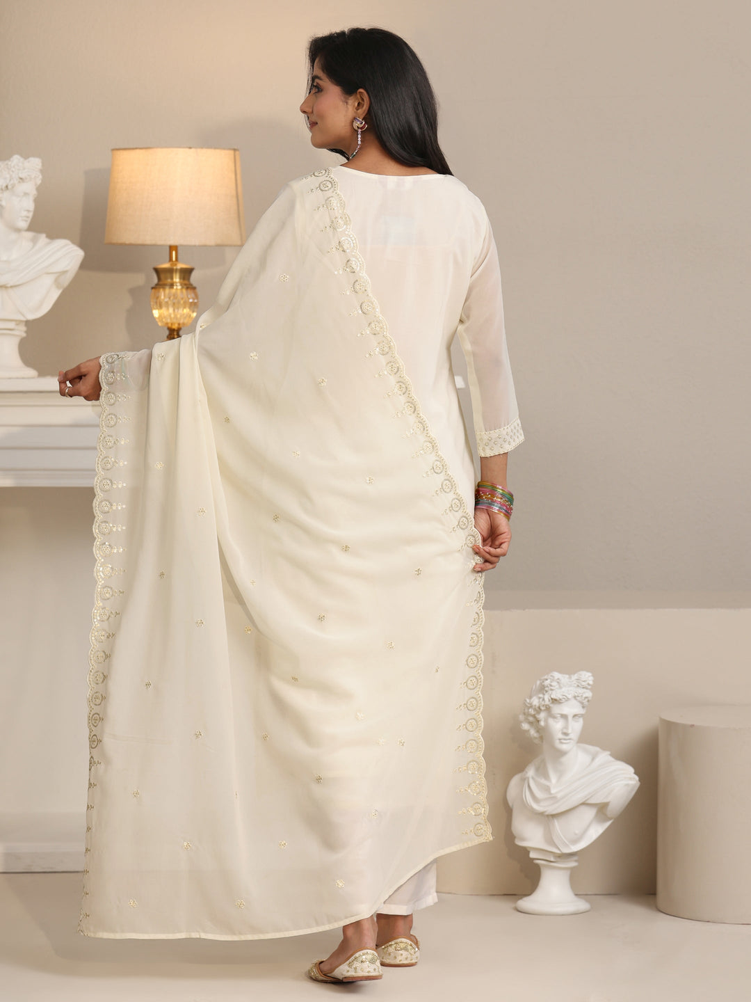 Libas Off White Embroidered Georgette Straight Suit Set