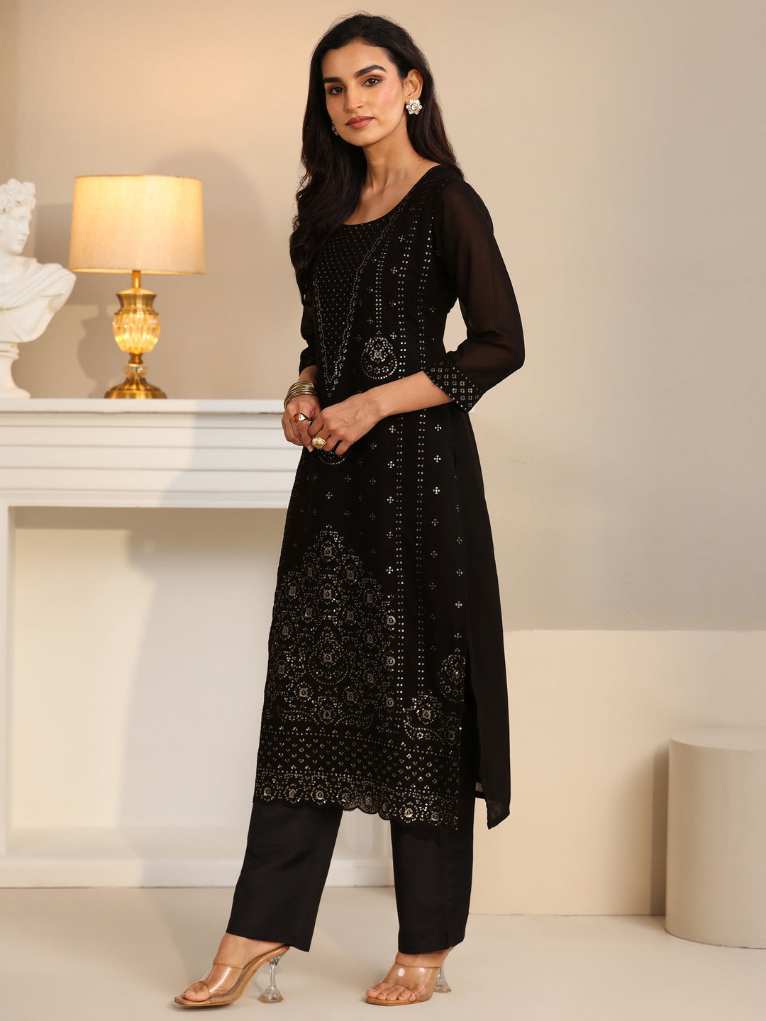 Libas Black Embroidered Georgette Straight Suit Set