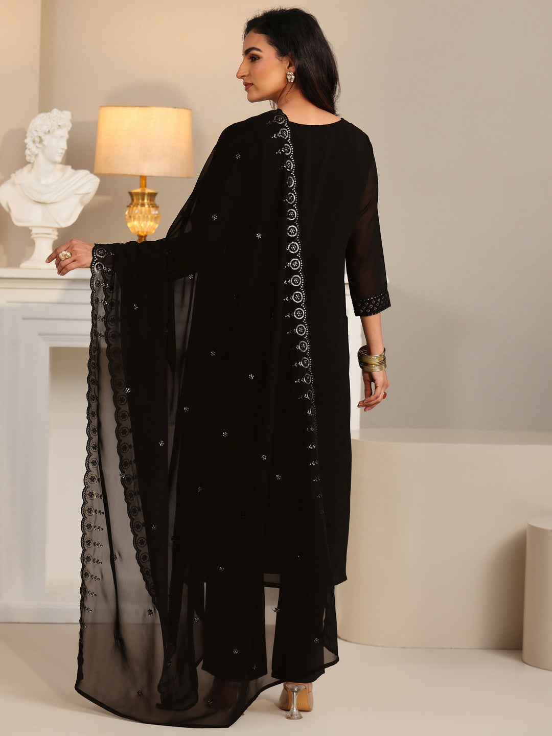 Libas Black Embroidered Georgette Straight Suit Set