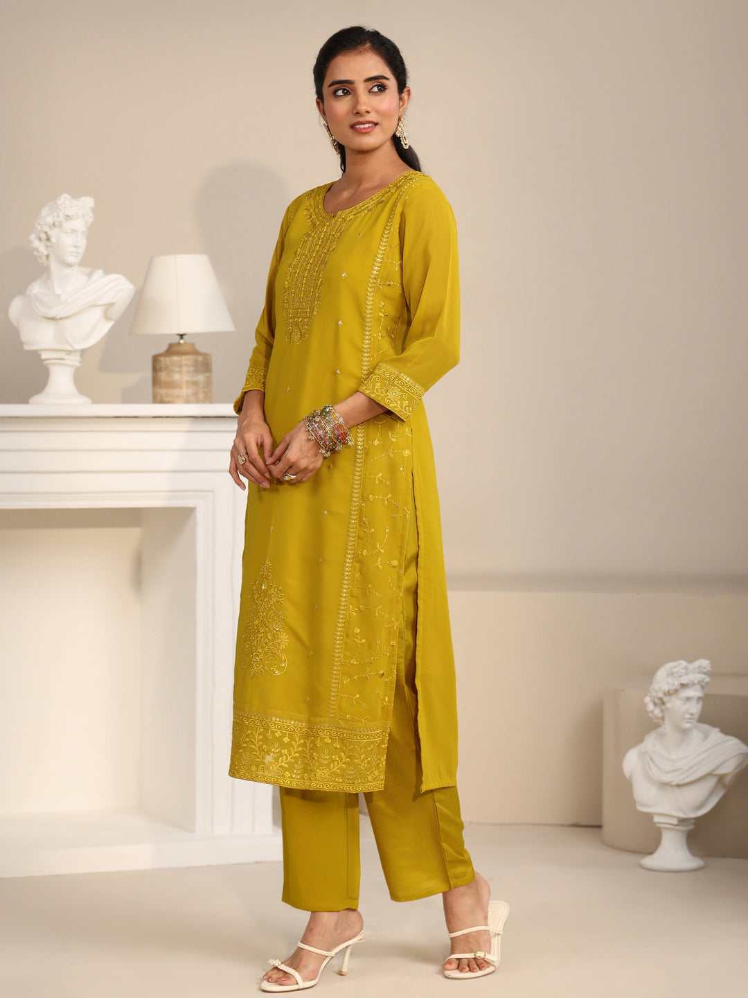 Libas Mustard Floral Embroidered Georgette Straight Suit Set