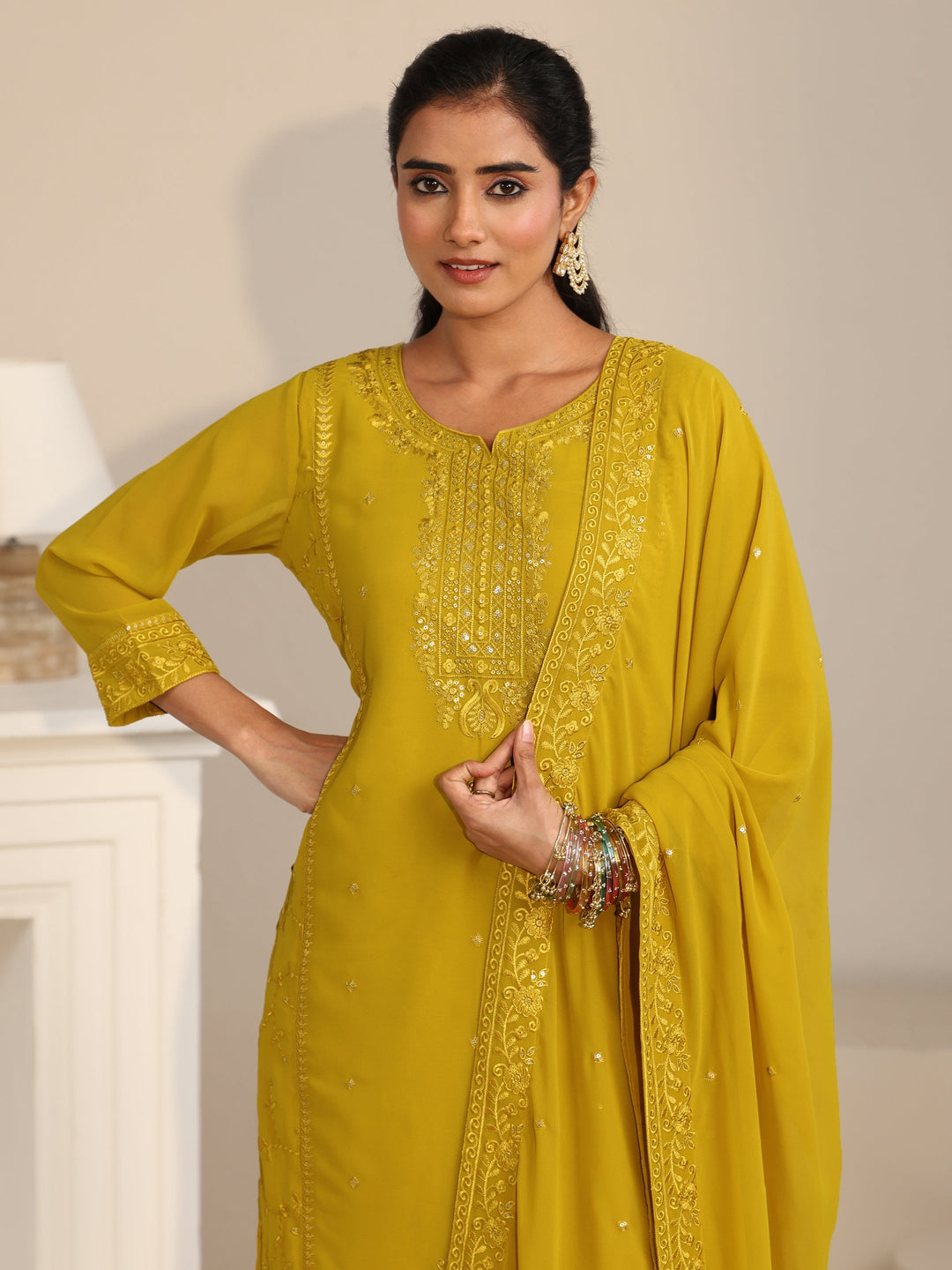Libas Mustard Floral Embroidered Georgette Straight Suit Set
