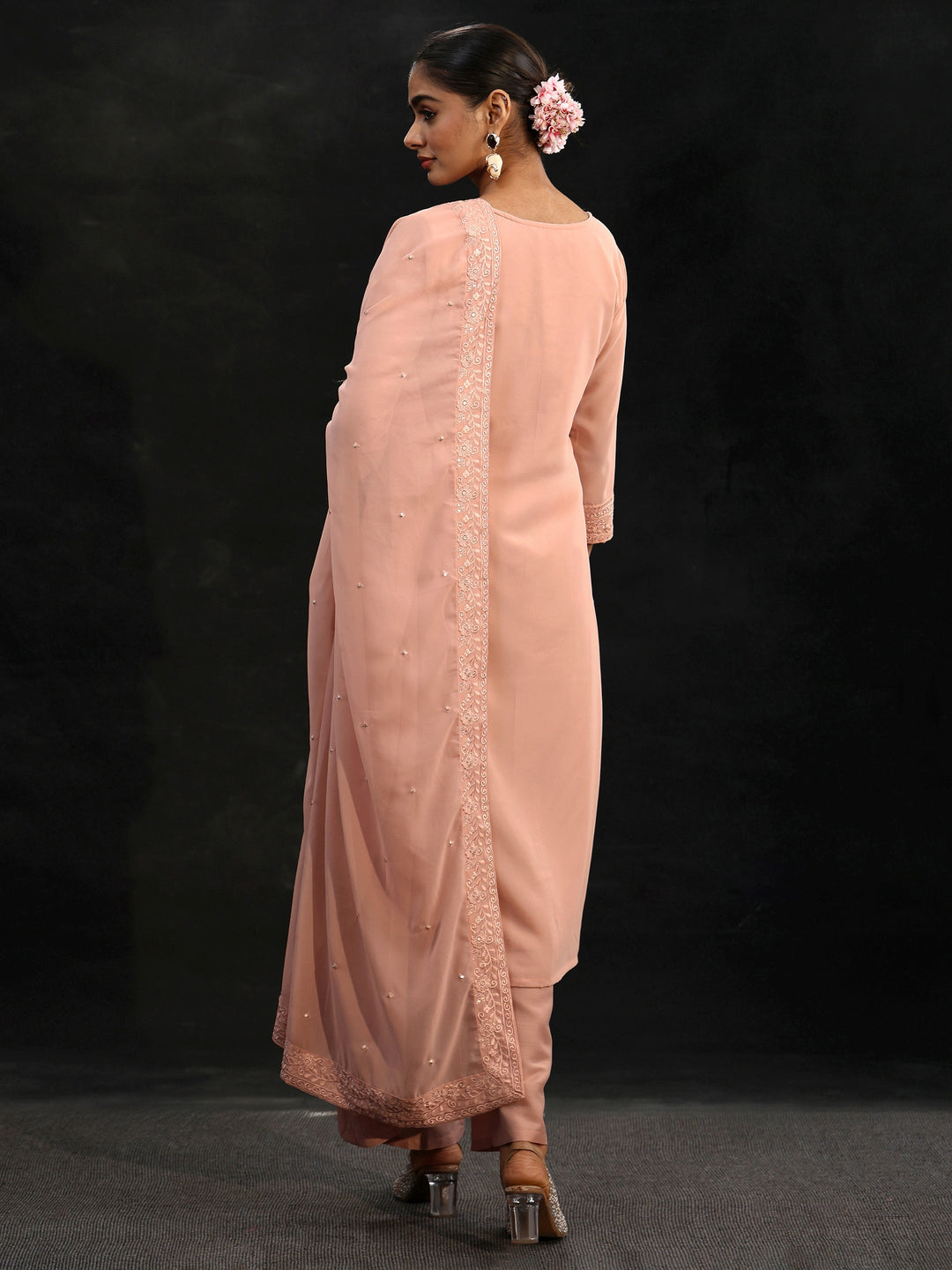 Libas Peach Embroidered Georgette Straight Suit Set