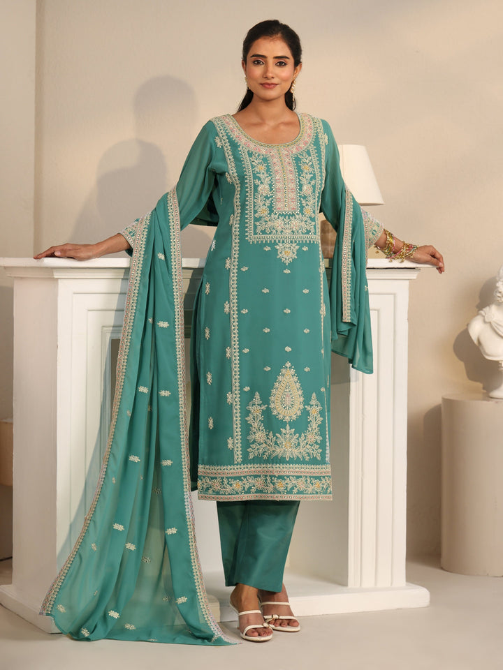 Libas Sea Green Floral Embroidered Georgette Straight Suit Set