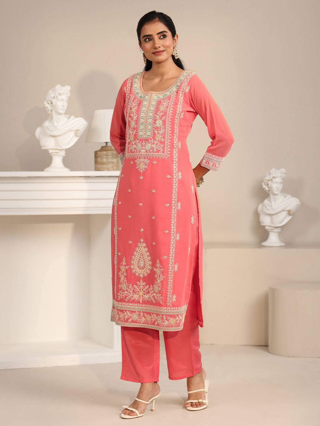 Libas Coral Floral Embroidered Georgette Straight Suit Set