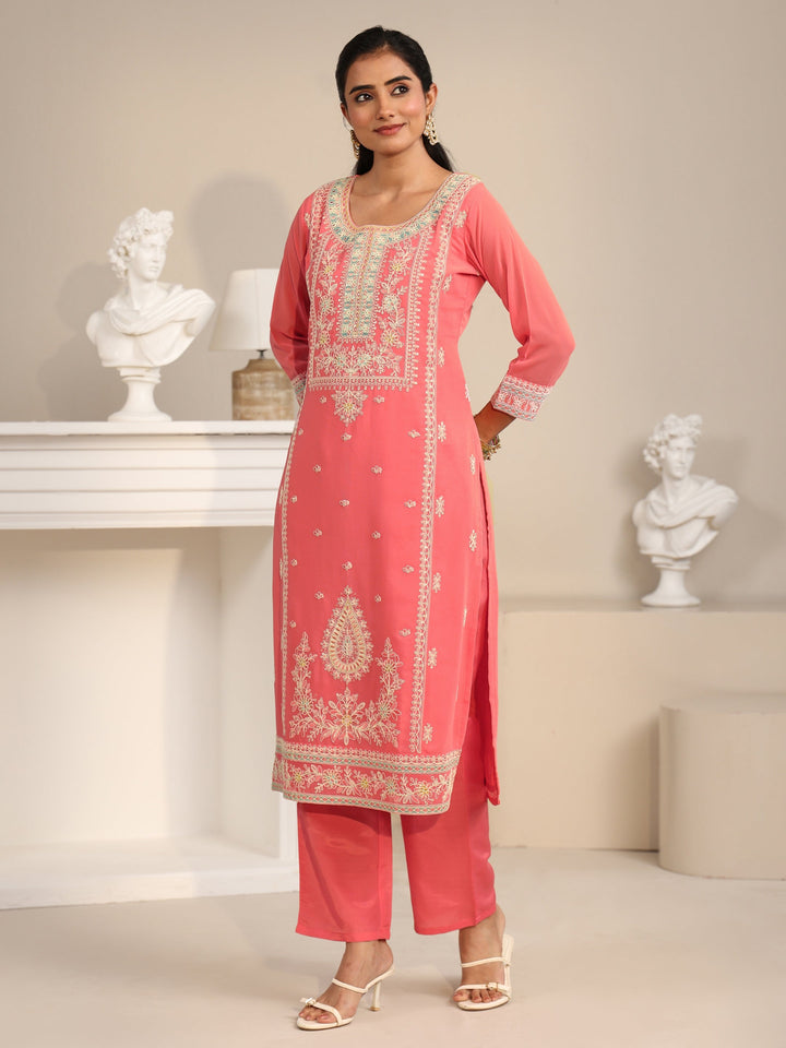 Libas Coral Floral Embroidered Georgette Straight Suit Set