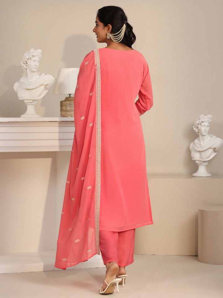 Libas Coral Floral Embroidered Georgette Straight Suit Set