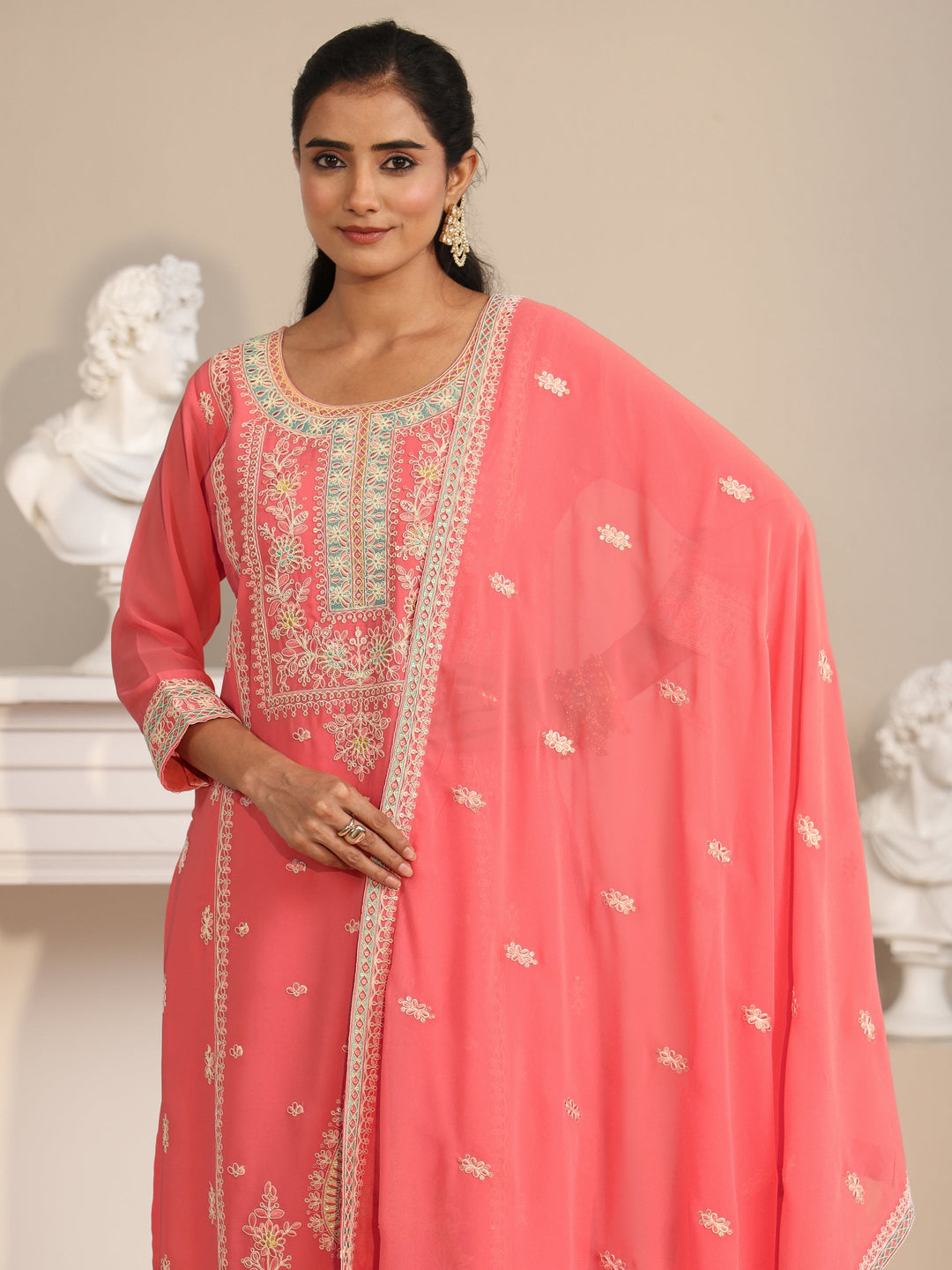 Libas Coral Floral Embroidered Georgette Straight Suit Set